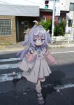  1girl :d ahoge bag blue_eyes blush cable cable_tail commentary_request commission crosswalk day detached_sleeves dress fang grey_dress grey_hair grey_shirt hair_intakes highres long_hair long_sleeves mechanical_tail multicolored_hair nakkar original outdoors photo_background pink_sleeves pleated_dress puffy_long_sleeves puffy_sleeves road shirt skeb_commission sleeveless sleeveless_dress smile solo streaked_hair tail two_side_up very_long_hair white_hair 