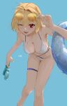  1girl absurdres antenna_hair arcueid_brunestud bikini blonde_hair blue_background blush bottle breasts cleavage commentary eyewear_on_head glass_bottle halterneck highres holding holding_bottle iknsk jewelry large_breasts looking_at_viewer navel necklace one_eye_closed open_mouth red_eyes short_hair smile soda_bottle solo string_bikini sweater swimsuit triangle_bikini_top tsukihime tsukihime_(remake) untranslatable_commentary 