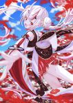  1girl :d absurdres back_bow bow commentary_request detached_sleeves highres hololive horns miniskirt nakiri_ayame obi obijime okobo open_mouth outstretched_arms platform_sandals pleated_skirt red_eyes red_skirt sandals sash shirt skirt sleeveless smile solo spread_arms tatsunami1379 two-tone_legwear virtual_youtuber white_shirt 