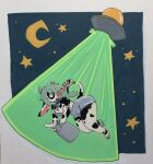 absurd_res anthro bell bovid clothing collar container curling_tail drinkspaintwater female fur green_eyes hair hi_res horn kidnapping long_ears mammal milk milk_container moon mootsncompany mumei_(mootsncompany) night overalls pink_nose shocked solo spiked_collar spikes spots star tail teal_hair tractor_beam ufo white_body white_fur