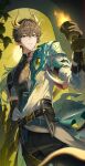  1boy architecture arm_belt armor asymmetrical_sleeves badge belt black_armor black_belt black_gloves black_hair black_pants black_shirt blue_eyes chinese_clothes commentary cowboy_shot cup dan_heng_(honkai:_star_rail) dan_heng_(permansor_terrae)_(honkai:_star_rail) dragon_boy dragon_horns dragon_tail earclip evening eyeliner fingerless_gloves fingernails fire floating_hair gauntlets gloves gradient_hair green_hair hair_between_eyes hand_up hen1le highres holding holding_cup holding_polearm holding_weapon honkai:_star_rail honkai_(series) horns jacket leaf long_hair long_sleeves looking_at_viewer low_ponytail makeup male_focus multicolored_hair pants pointy_ears polearm ponytail red_eyeliner shirt short_sleeves shoulder_pads single_gauntlet sky solo spear standing sun tail tassel teeth turtleneck turtleneck_shirt two-tone_hair untranslatable_commentary weapon white_jacket yellow_pupils yellow_sky 