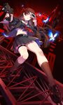  1girl abstract_background absurdres akira_(5888172) black_hair black_jacket black_serafuku black_shirt black_skirt black_socks chisa_(wuthering_waves) commentary_request crop_top full_body glock gun hair_ribbon handgun highres holding holding_gun holding_mask holding_weapon jacket long_hair mask midriff navel neckerchief parted_lips persona persona_5 red_eyes red_neckerchief red_ribbon ribbon sailor_collar school_uniform serafuku shirt skirt socks solo weapon white_sailor_collar wuthering_waves 