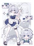  1girl absurdres apron between_fingers blue_dress blue_eyes blush bow braid brown_shoes closed_mouth collared_shirt commentary_request dress full_body green_bow grey_hair hair_bow highres holding holding_knife holding_pocket_watch izayoi_sakuya knife knives_between_fingers long_hair maid maid_headdress mary_janes multiple_views pinafore_dress pocket_watch puffy_short_sleeves puffy_sleeves shirt shoes short_sleeves sleeveless sleeveless_dress socks t_9m13 thigh_sheath touhou twin_braids waist_apron watch white_apron white_shirt white_socks zoom_layer 