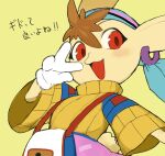  1boy :3 akumesik animal_ears bag bandana blue_bandana brown_hair commentary_request earrings furry furry_male gloves grandia grandia_i guido_(grandia) highres jewelry long_sleeves looking_at_viewer open_mouth pants pink_pants rabbit_ears red_eyes simple_background single_earring smile sweater upper_body v v_over_eye white_gloves wide_sleeves yellow_background yellow_sweater 