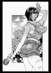  1girl :p alternate_hairstyle ass bandaid bandaid_on_leg bandaid_on_thigh black_border border breasts cellphone check_commentary commentary_request denim denim_shorts greyscale hachinuki_tessei handheld_electric_fan highres holding holding_phone jimiko jitome large_breasts looking_at_viewer looking_back midriff mob_face moire monochrome original outdoors phone round_eyewear semi-rimless_eyewear she_(hachinuki_tessei) short_shorts shorts solo swept_bangs tank_top tongue tongue_out under-rim_eyewear 