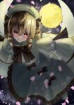 absurdres black_bow black_bowtie blonde_hair blush bow bowtie carvesecreate cherry_blossoms closed_mouth commentary_request dress drill_hair fairy fairy_wings flying frilled_dress frills full_moon hair_bow hat highres long_hair long_sleeves luna_child moon night puffy_sleeves red_eyes smile touhou white_dress white_hat wide_sleeves wings 