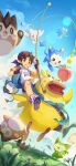  >_< 1boy :3 :d abu_(roco_kingdom:_world) apple backpack backwards_hat bag bandaid bandaid_on_knee bandaid_on_leg bandana blue_shorts blue_sky boy_roco_(roco_kingdom:_world) brown_eyes brown_hair child chinese_commentary closed_eyes cloud cloudy_sky commentary_request day dimo_(roco_kingdom:_world) doudou_(roco_kingdom:_world) duckiji_(fluffy)_(roco_kingdom:_world) emoding_(roco_kingdom:_world) fingerless_gloves fishing_rod flower flying food fruit gloves grass happy hat highres holding holding_fishing_rod leaf male_focus meadow meevy_(roco_kingdom:_world) navel open_mouth outdoors peach pointy_ears riding roco_kingdom roco_kingdom:_world shirt shoes short_hair short_sleeves shorts sky smile sneakers socks star_(symbol) teeth tongue wanqiang_shilaimu white_flower white_shirt xuerong_bird_(roco_kingdom:_world) 