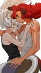  2girls absurdres animal_ears black_tank_top brown_pants cat_ears cat_girl cat_tail closed_eyes commentary_request dog_ears dog_girl dog_tail grey_eyes gundam gundam_suisei_no_majo hand_on_another's_waist highres kemonomimi_mode korean_commentary long_hair miorine_rembran multiple_girls open_mouth pants red_hair simple_background snapagi suletta_mercury tail tank_top thick_eyebrows toned toned_female white_background white_hair white_tank_top yuri 