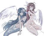  2girls ahoge animal_ears arm_ribbon arm_support artist_name bare_shoulders blue_eyes blue_hair blush bra bracelet breasts closed_eyes columbina_(genshin_impact) commentary english_commentary eye_mask feathered_wings fins fish_tail flower full_body genshin_impact hair_between_eyes hair_flower hair_intakes hair_ornament hair_ribbon head_fins head_wings highres jewelry leg_ribbon light_blush long_hair looking_back mask merfolk mermaid monster_girl multiple_girls navel nude pale_skin renyupa ribbon ribbon_around_body shoulder_blush sitting strapless strapless_bra tail underwear vodyanitsa_(genshin_impact) white_background white_ribbon wings 