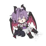  1boy :< ahoge animal animal_ears animal_nose animalization artist_name black_boots black_cat black_jacket black_shirt blush boots cat cat_ears cat_tail chibi chibi_only clenched_hands closed_eyes commentary_request dragon_boy dragon_horns dragon_tail dragon_wings durin_(genshin_impact) eyeshadow full_body genshin_impact gloves hair_between_eyes hands_up highres horns jacket long_sleeves makeup male_focus open_clothes open_jacket open_mouth pants pondao44 purple_hair purple_vest red_eyeshadow scaramouche_(cat)_(genshin_impact) scaramouche_(genshin_impact) shirt short_hair sidelocks sitting sleeping tail teeth tongue vest watermark white_gloves white_pants wings 