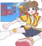  1girl absurdres ahoge aventador badge black_eyes brown_hair commentary_request double_bun flying_kick hair_bun hairband happi highres hitbox hitbox_dissonance imadake_dabuchi_tabemi imadake_tsukimi_tabemi japanese_clothes kicking kimono looking_at_viewer mcdonald's open_happi open_mouth pink_sandals sandals short_sleeves smile socks solo translation_request white_socks yellow_hairband yellow_happi yellow_kimono 