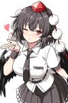  1girl absurdres bird_wings black_necktie black_skirt black_wings blowing_kiss blush breasts brown_hair closed_mouth collared_shirt commentary_request commission feathered_wings hat heart highres large_breasts looking_at_viewer necktie one_eye_closed pleated_skirt pointy_ears pom_pom_(clothes) puffy_short_sleeves puffy_sleeves red_eyes red_hat ribbon-trimmed_skirt ribbon_trim rise_(rise19851203) shameimaru_aya shirt short_sleeves simple_background skeb_commission skirt solo tokin_hat touhou white_shirt wings 
