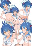  1girl antenna_hair armband armpits bikini blue_archive blue_bikini blue_hair blue_halo blue_ribbon blue_sailor_collar clothes_lift colored_inner_hair commentary_request da_wu double-parted_bangs eating fang flat_chest flip-flops food food_in_mouth full_body hair_intakes halo holding holding_food holding_popsicle lifting_own_clothes looking_at_viewer makina_(blue_archive) multicolored_hair navel neck_ribbon no_dickey one_eye_closed popsicle popsicle_in_mouth presenting_own_armpit ribbon sailor_collar sandals see-through_clothes see-through_shirt shirt shirt_lift short_hair simple_background skin_fang swimsuit two_side_up white_background yellow_eyes 
