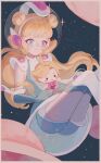  1boy 1girl absurdres aqua_gloves blonde_hair blue_eyes blue_gloves chibi commentary_request cyber_fashion doll ezreal_(league) gloves hair_bun hair_ornament helmet highres kui_ji_jiang league_of_legends light_blush long_hair lux_(league) planet retrofuturism smile solo_focus space space_groove_lux space_helmet thighhighs ufo_skirt 