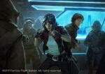  1girl 6+boys alien black_pants borja_pindado brown_hair brown_jacket chelli_lona_aphra clenched_hands english_text fingerless_gloves gloves goggles goggles_on_headwear highres indoors jacket multiple_boys open_clothes open_jacket pants shirt short_sleeves star_wars white_shirt 