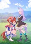  2girls absurdres animal_ears ascot black_boots black_coat blurry blurry_background boots bow brown_hair capelet chinese_commentary closed_mouth cloud coat collared_shirt commentary_request day ear_bow earrings english_commentary epaulettes gloves green_bow green_socks heiyizhushenxia highres horse_ears horse_girl horse_tail jewelry kiss kissing_hand long_sleeves mejiro_mcqueen_(frontline_elegance)_(umamusume) mejiro_mcqueen_(umamusume) mixed-language_commentary multiple_girls on_one_knee outdoors pink_ascot pleated_skirt ponytail purple_eyes purple_gloves purple_hair red_capelet shirt single_epaulette skirt socks standing tail tokai_teio_(peak_joy)_(umamusume) tokai_teio_(umamusume) umamusume white_boots white_gloves white_shirt white_skirt yuri 