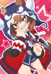 1girl animal_ears beanie blush brown_hair collared_shirt commentary_request diagonal-striped_clothes diagonal-striped_necktie ears_through_headwear fenomeno_(gouki_naru_shien)_(umamusume) fenomeno_(umamusume) hair_between_eyes hat highres horned_hat horse_ears horse_girl jacket looking_at_viewer necktie official_alternate_costume open_clothes open_jacket purple_eyes sharp_teeth shinko_windy_(gabugabu_scamp)_(umamusume) shinko_windy_(umamusume) shinsei_tomato shirt short_hair skirt smile solo star_(symbol) striped_clothes striped_necktie teeth umamusume 