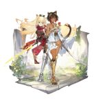  2girls absurdres animal_ear_fluff animal_ears armored_boots armored_legwear belt black_ribbon black_skirt blonde_hair boots breasts brown_hair cat_ears cat_girl cat_tail commentary dark-skinned_female dark_skin dress ema_(shipsinfloat) energy_sword fox_ears fox_girl gold_necklace gradient_hair green_eyes highres holding holding_weapon jewelry large_breasts laurel_crown leg_armor long_hair looking_at_viewer lucadark_art multicolored_hair multiple_girls necklace original ponytail red_eyes red_scarf ribbon scarf short_hair silver_(shipsinfloat) skirt smile sword tail teeth weapon white_background white_dress yellow_tail 