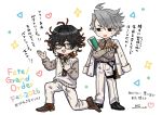  2boys black-framed_eyewear coat coat_on_shoulders commentary_request dante_alighieri_(academy_outfit)_(fate) dante_alighieri_(fate) doodle_inset fate/grand_order fate_(series) glasses highres james_moriarty_(academy_outfit)_(fate) james_moriarty_(ruler)_(fate) kneeling multicolored_text multiple_boys official_alternate_costume official_artist_extra on_one_knee open_clothes open_coat rolled-up_paper romaji_text school_uniform shirahama_kamome simple_background sweater_vest white_background 