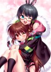  2girls :d ;d absurdres ahoge animal_ears bare_shoulders bell black_hair black_jacket black_socks blue_eyes blunt_bangs blush bow bowtie brown_hair clenched_hands closed_mouth colored_eyelashes commentary_request commission crossover extra_ears eyelashes feet_out_of_frame fur-trimmed_jacket fur_trim furrowed_brow glasses gradient_hair green_hair grey_skirt hair_bell hair_ornament hair_ribbon happy head_on_head head_rest highres hug hug_from_behind indie_virtual_youtuber jacket jingle_bell kneehighs knees_together_feet_apart knees_up lips little_busters! little_busters!_school_uniform long_hair long_sleeves looking_at_viewer miniskirt multicolored_hair multicolored_jacket multiple_girls natsume_rin one_eye_closed open_mouth pink_background pink_bow pink_bowtie plaid_clothes plaid_skirt pleated_skirt ponytail rabbit_ears red-framed_eyewear red_eyes ribbon school_uniform second-party_source semi-rimless_eyewear shiny_skin short_hair sidelocks simple_background sitting skeb_commission skirt smile socks tamiyasu_tomoe tammy_(vtuber) tareme teeth thigh_strap thighs two-tone_jacket upper_teeth_only very_long_hair virtual_youtuber voice_actor_connection white_jacket white_ribbon zen_(kamuro) zoom_layer 
