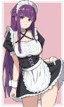  1girl apron black_dress blunt_bangs breasts commentary dress enmaided fern_(sousou_no_frieren) frilled_apron frilled_dress frills highres holding_own_skirt maid maid_apron maid_headdress pink_background puffy_sleeves purple_eyes purple_hair purple_pupils puteme solo sousou_no_frieren straight_hair waist_apron white_apron wrist_cuffs 