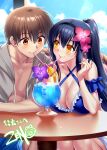  1boy 1girl absurdres alternate_costume alternate_hairstyle bare_shoulders bikini black_hair black_hairband blue_bikini blue_sky blush breasts brown_hair cleavage closed_mouth cloud collarbone commentary commission couple cowboy_shot crazy_straw criss-cross_halter dating day drink drinking_straw drinking_straw_in_mouth elbows_on_table eyes_visible_through_hair flower food frilled_bikini frills fruit grey_jacket hair_between_eyes hair_flower hair_ornament hairband halterneck hands_up happy heart_straw hetero highres ice ice_cube jacket kushima_kamome large_breasts lens_flare long_hair looking_at_another looking_down nail_polish open_clothes open_jacket orange_(fruit) orange_slice outdoors pink_nails playing_with_own_hair ponytail purple_flower red_flower second-party_source shared_straw shiny_skin short_hair shy side-by-side sidelocks sitting skeb_commission sky smile story_in_commentary straight_hair summer_pockets sweat swimsuit takahara_hairi very_long_hair yellow_eyes zen_(kamuro) 
