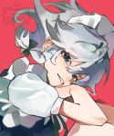  1girl absurdres artist_name blue_dress blue_eyes bow braid breasts commentary_request dress eyelashes floating_hair frills from_side green_bow green_ribbon grey_hair hair_between_eyes hair_bow hand_on_own_face highres izayoi_sakuya looking_at_viewer maid maid_headdress medium_breasts neck_ribbon pinafore_dress pink_background puffy_short_sleeves puffy_sleeves ribbon shirt short_hair short_sleeves simple_background sitting sleeveless sleeveless_dress smile solo teeth thitora touhou twin_braids upper_body watermark white_shirt 