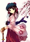  black_hair brown_eyes cherry_blossoms hands_on_hilt highres japanese_clothes katana long_hair miyazaki_byou sakura_taisen shinguuji_sakura smile solo sword weapon 