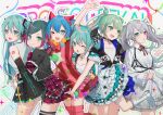  25-ji_miku 6+girls absurdres ahoge animal_ears aqua_eyes aqua_hair black_choker black_jacket black_skirt blue_eyes blue_hair blue_nails boots cat_ears choker collared_dress daimaou_ruaeru detached_sleeves dress fake_animal_ears frilled_dress frills green_eyes green_hair grey_hair hatsune_miku headset heterochromia highres idol jacket leo/need_miku more_more_jump!_miku multiple_girls multiple_persona one_eye_closed open_clothes open_jacket open_mouth plaid_clothes plaid_skirt project_sekai purple_eyes red_dress skirt smile vivid_bad_squad_miku vocaloid white_dress wonderlands_x_showtime_miku 