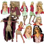  1girl absurdres armband blonde_hair blood blood_on_face breasts commentary dress earrings english_commentary green_eyes hands_on_own_hips hat high_heels highres jacket jewelry lisa_garland long_hair multiple_expressions multiple_views nurse nurse_cap open_mouth pantyhose reference_sheet silent_hill_(series) silent_hill_1 smile squatting tonikopantoja 