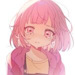  1girl blush clenched_teeth crying crying_with_eyes_open jacket looking_at_viewer ootori_emu open_clothes open_jacket pink_eyes pink_hair pink_jacket portrait project_sekai sad short_hair sidelocks simple_background solo sweetpotatojelly tears teeth white_background 
