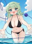  1girl :d absurdres alternate_costume bikini black_bikini blue_sky breasts cleavage cloud commentary_request commission day disembodied_linked_eye green_eyes green_hair halterneck heart heart_of_string highres komeiji_koishi large_breasts leaning_forward long_hair looking_at_viewer navel open_mouth outdoors second-party_source side-tie_bikini_bottom skeb_commission sky smile solo splashing string_bikini suwa_yasai swimsuit touhou triangle_bikini_top wading water 