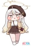  1girl bag between_breasts blonde_hair blonde_streaks breasts brown_skirt cardigan cardigan_partially_removed chibi commentary_request gradient_hair grey_eyes grey_hair highres long_hair long_sleeves multicolored_hair multiple_halos official_alternate_costume pointy_ears renewa_(leisurely_time)_(trickcal) renewa_(trickcal) shirt shoes shoulder_bag simple_background skirt socks solo strap_between_breasts streaked_hair suwa_yasai trickcal very_long_hair white_shirt white_shoes white_socks 