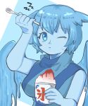 1girl beatspell blue_background blue_eyes blue_hair blue_skin blue_theme blue_wings brain_freeze breasts closed_mouth colored_skin commentary_request cup disposable_cup food food_on_face heda_(beatspell) highres holding holding_cup holding_food holding_spoon large_breasts looking_at_viewer monster_girl one_eye_closed personification poyomiho9 rhythm_tengoku rhythm_tengoku_miracle_stars shaved_ice short_hair simple_background sleeveless slime_girl solo spoon turtleneck two-tone_background upper_body white_background wings 
