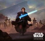  6+boys anakin_skywalker blue_lightsaber boots borja_pindado brown_boots brown_hair clone_trooper copyright_logo copyright_name energy_sword english_text gun highres holding holding_gun holding_sword holding_weapon jedi lightsaber logo looking_at_viewer male_focus multiple_boys star_wars star_wars_legion sword weapon 