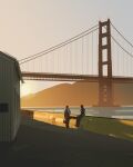  2others absurdres bridge building chloride_li commentary_request harbor highres mountain multiple_others ocean original scenery sitting sky sun sunset 