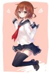  1girl anchor_symbol bad_id bad_twitter_id black_skirt black_thighhighs blush brown_eyes brown_hair brown_shoes commentary_request grin hair_between_eyes hair_ornament hairclip heart ikazuchi_(kancolle) kantai_collection laplusvv_(la+) loafers long_sleeves looking_at_viewer neckerchief pleated_skirt red_neckerchief sailor_collar school_uniform serafuku shoes short_hair simple_background skirt sleeves_past_wrists smile solo thighhighs two-tone_background 