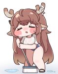  1girl animal_ears antlers black_sandals blue_buruma bra_strap breasts broom brown_hair buruma chibi closed_eyes commentary_request deer_antlers deer_ears deer_girl diana_(trickcal) fluffy_hair highres holding holding_broom horns long_hair official_alternate_costume puddle sandals shirt suwa_yasai sweatdrop t-shirt trickcal very_long_hair water white_shirt 