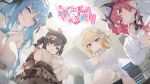  4girls ahoge black_eyes black_hair blonde_hair blue_eyes blue_hair breasts breasts_apart brown_hat brown_skirt cleavage commentary_request covered_navel drill_hair hat haze/reverb high-waist_skirt highres julius_von_nietzsche large_breasts leotard long_hair looking_at_viewer mirai_(haze/reverb) mole mole_under_eye multiple_girls official_art red_(haze/reverb) red_eyes red_hair sideboob skirt smile twin_drills white_leotard yakumo_(haze/reverb) 