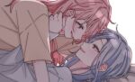  2girls blue_eyes blue_hair blush brown_shirt commentary dannidanidh eye_contact fang hand_on_another's_neck hinomori_shizuku long_hair looking_at_another momoi_airi multiple_girls pink_eyes pink_hair project_sekai shirt smile white_shirt yuri 