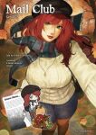  1girl autumn autumn_leaves bag black_bag black_hat boots breasts brown_boots chibi commentary cover cup curvy deer denim english_commentary english_text eyelashes falling_leaves feet_out_of_frame flat_cap green_eyes hand_up hat head_tilt highres holding holding_cup jeans jewelry ksooupart large_breasts leaf letter light_smile lipstick long_hair looking_at_viewer makeup necklace original outdoors pants paper plaid_clothes plaid_scarf red_hair red_lips red_nails scar scarf selfie shoulder_bag sweater thick_thighs thigh_boots thighs thighs_together tight_clothes tight_pants tree very_long_hair 
