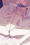  1girl absurdres anus ass bar_censor black_wings blue_archive blush breasts censored clitoral_stimulation closed_eyes commentary_request completely_nude feathered_wings female_masturbation fingering halo head_on_pillow head_wings highres koharu_(blue_archive) krixxis4 lying masturbation medium_hair navel nipple_stimulation nipples nude on_back on_bed open_mouth partial_commentary pillow pink_hair pink_halo pussy pussy_juice small_breasts solo spread_legs spread_pussy stomach twintails winged_halo wings 