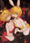  2girls :d absurdres animal_ear_hairband animal_ears black_thighhighs blonde_hair blood bow bowtie breasts coin commentary_request detached_collar don_quixote_(project_moon) dual_persona fake_animal_ears fake_tail fang hair_between_eyes hairband high_heels highres holding_hands interlocked_fingers leotard limbus_company looking_at_viewer medium_breasts multiple_girls playboy_bunny poker_chip project_moon rabbit_ears rabbit_tail red_bow red_bowtie red_eyes red_leotard rinkashline sancho_(project_moon) short_hair smile strapless strapless_leotard tail thighhighs very_short_hair wrist_cuffs yellow_bow yellow_bowtie yellow_eyes yellow_leotard 