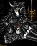  1girl :< absurdres agnes_tachyon_(umamusume) amedeath artist_name bags_under_eyes black_background black_hair black_hairband black_thighhighs character_doll closed_mouth commentary doll ear_ornament ear_tag earrings eyelashes garter_straps hairband highres jewelry layered_sleeves long_hair long_sleeves looking_at_viewer manhattan_cafe_(umamusume) multicolored_hair signature simple_background single_earring solo thighhighs umamusume very_long_hair watermark white_hair yellow_eyes zettai_ryouiki 