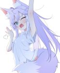  1girl ahoge animal_ear_fluff animal_ears artist_request blue_eyes breasts commentary_request fang fox_ears fox_girl fox_tail highres korean_commentary long_hair no_pants one_eye_closed open_mouth purple_hair purple_tail second-party_source shirt simple_background small_breasts solo stellive tail tenko_shibuki upper_body very_long_hair virtual_youtuber white_background white_shirt yawning 