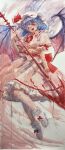  1girl absurdres ascot back_bow bat_wings blue_hair blush bow brooch collared_shirt commentary_request fangs full_body hat hat_ribbon highres holding holding_polearm holding_weapon jewelry looking_at_viewer misawa_hiroshi mob_cap open_mouth painting_(medium) pink_shirt pink_skirt polearm red_ascot red_bow red_eyes remilia_scarlet ribbon shirt skirt skirt_set smile solo spear spear_the_gungnir touhou traditional_media watercolor_(medium) weapon white_hat wings 