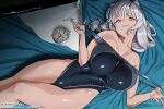  1girl :3 animal_ear_fluff animal_ears artist_name ashtray bed_sheet breasts cat_ears cat_girl cigarette cigarette_butt closed_mouth clothes_pull commentary_request copyright_notice covered_navel feet_out_of_frame from_above grey_hair highleg highleg_one-piece_swimsuit holding holding_cigarette impossible_clothes impossible_swimsuit large_breasts long_hair looking_at_viewer low-tied_long_hair lying mature_female on_back one-piece_swimsuit one-piece_swimsuit_pull petosu_(sunoco) pulling_own_clothes satou_shizue_(yanineko) smile smoke solo swimsuit thick_eyebrows yani_neko yellow_eyes 