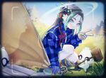  1boy absurdres aqua_eyes aqua_hair black_hair blue_eyes blue_jacket braid camping commentary_request con_(fate) crossover day fate/grand_order fate_(series) flower gloves grass grin hair_flower hair_ornament hair_ribbon halo highres holding jacket long_hair long_sleeves looking_at_viewer male_focus multicolored_hair nao_oppaisukiii outdoors partial_commentary plaid_clothes ribbon smile solo squatting streaked_hair taisui_xingjun_(fate) taisui_xingjun_(over_the_same_sky)_(fate) tent v viewfinder 