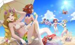  6+girls adjusting_eyewear ahoge anno_akira anno_syura aogiri_shinobu aqua_hair ball beach beach_umbrella beachball bikini bird blonde_hair blue_hair bow braid breasts brown_hair chair cleavage closed_eyes closed_mouth cocco_lupia commentary_request creature cup dark-skinned_female dark_skin disposable_cup double_bun dragon_musume_ni_naritakunai! drinking_straw duel_masters earrings eyewear_on_head fire french_braided_ponytail green_eyes green_hair hair_bow hair_bun hair_ornament highres holding holding_cup innertube jacket jacket_on_shoulders jewelry large_breasts long_hair lounge_chair maguma_mega multicolored_hair multiple_girls nagareboshi_asche navel ocean official_alternate_hairstyle one_eye_closed open_mouth orange_eyes outdoors partially_submerged pink_hair purple_eyes purple_hair sand_castle sand_sculpture short_hair side_braids signature smile sun swim_ring swimsuit tanlines teiozaka_mumu tm11056 twintails umbrella wading white_bow yellow_eyes 