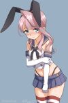  1girl black_neckerchief black_panties blue_background blue_eyes blue_sailor_collar blue_skirt breasts commentary_request cosplay crop_top dated elbow_gloves embarrassed gloves highleg highleg_panties kantai_collection long_hair looking_at_viewer microskirt neckerchief one-hour_drawing_challenge panties pink_hair ray.s sailor_collar shimakaze_(kancolle) shimakaze_(kancolle)_(cosplay) single_hair_intake skirt solo striped_clothes striped_thighhighs thighhighs thong thong_panties twitter_username underwear visby_(kancolle) white_gloves 